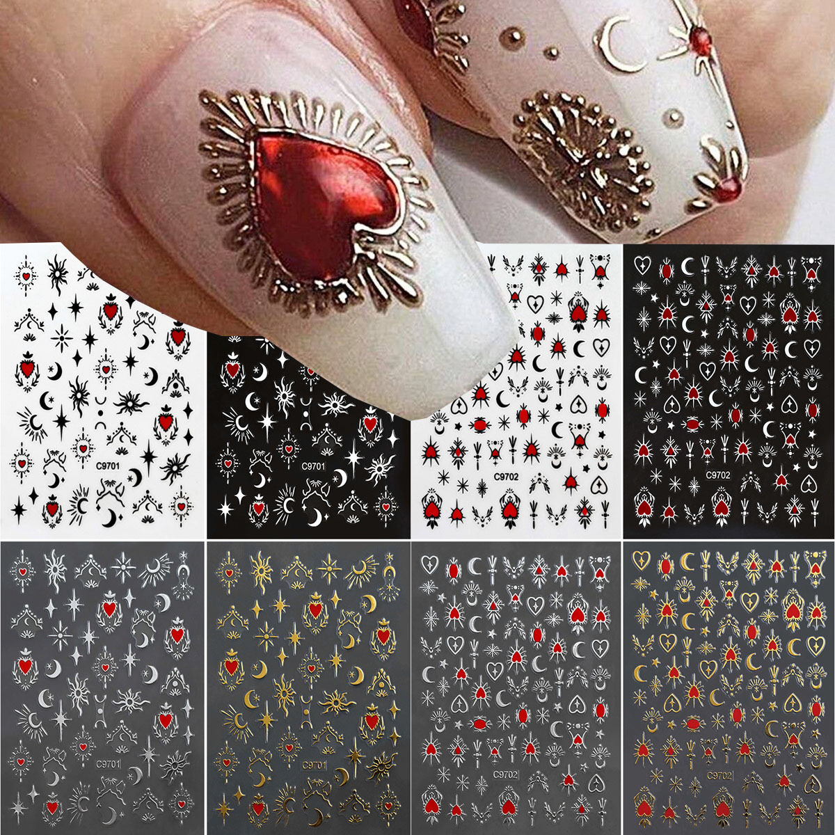 Nail Art Zelda - 8Pcs Red Heart Nail Stickers 3D