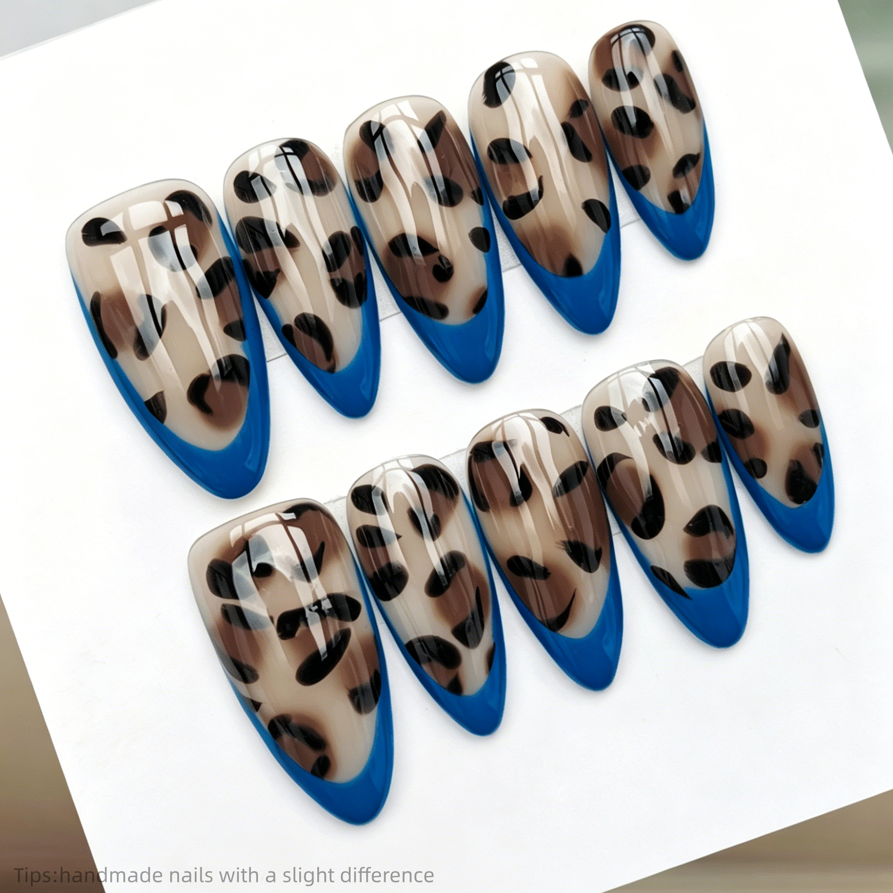 Nail Art Press On - 10pcs Handmade Blue French Leopard Print