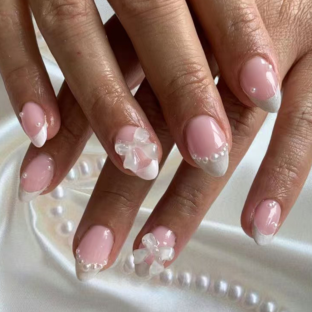 Nail Art Press On - 24pcs Short Oval White French Tip