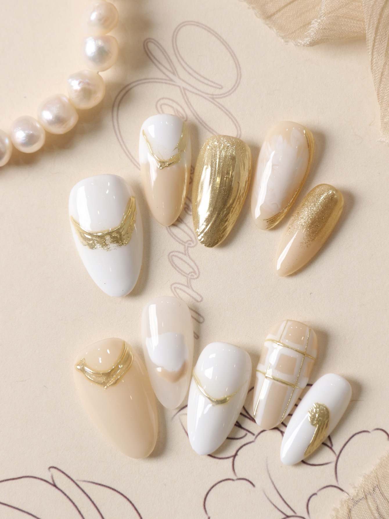 Nail Art Press On - 10Pcs Press on Nails White Golden