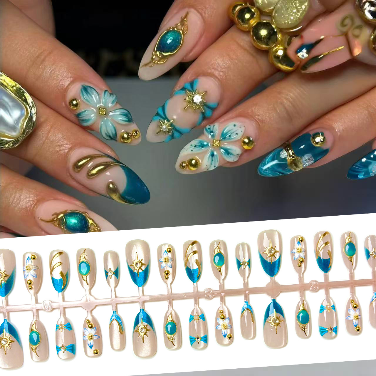 Nail Art French Nails - Premium Tiffany Blue Gold French Nail
