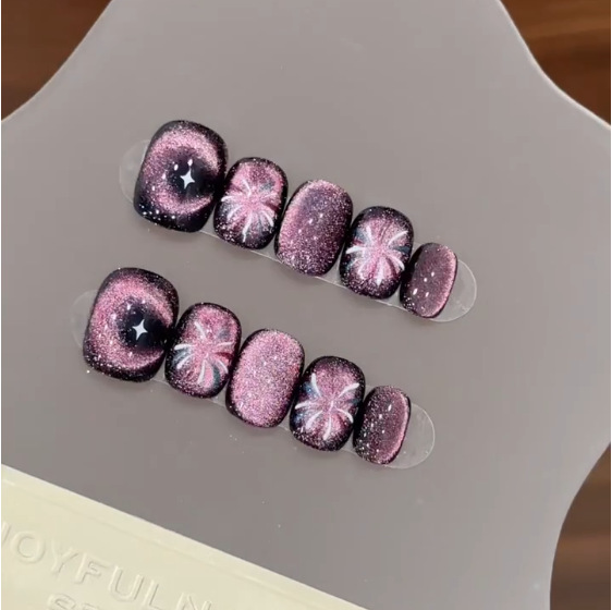 Nail Art Press On - 10Pcs Purple Short Round Head Press