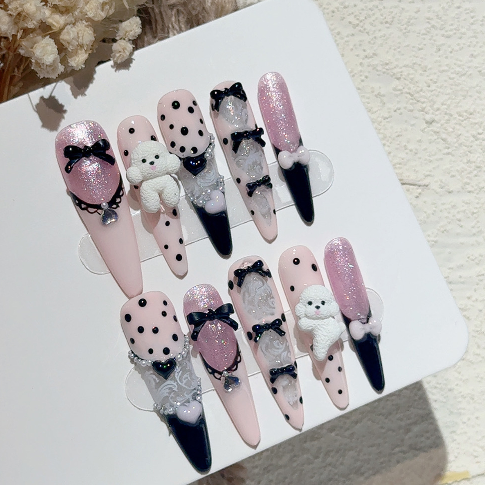 Nail Art French Nails - 10PCS Black Lace Polka Dot Ballet