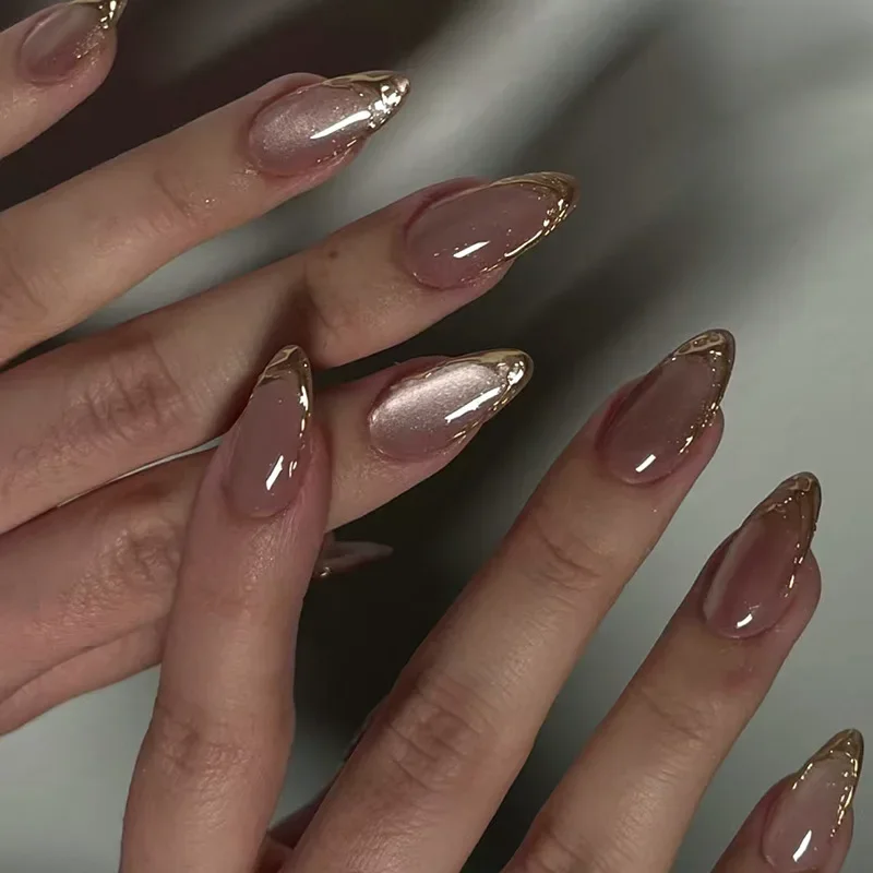 Nail Art Cat Eye Pink - 24Pcs Metallic Cat Eye French Sheer